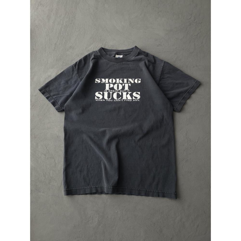 Vintage 2000s Y2K Smoking Pot Sucks Black Faded Cotton T-shirt M Funny